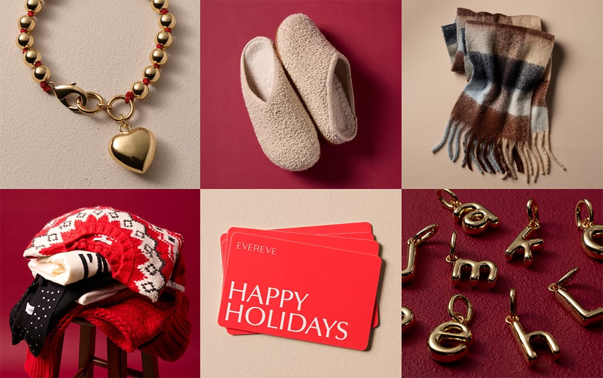 Holiday-themed Evereve accessories and gifts including jewelry, slippers, scarves, sweaters, and gift cards arranged in a modern flat-lay display.
