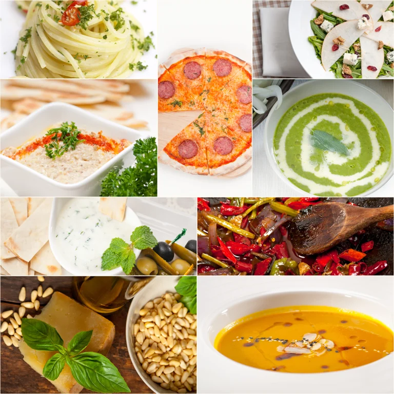 Collage of fresh dishes including pasta, pizza, soups, dips, and vegetables