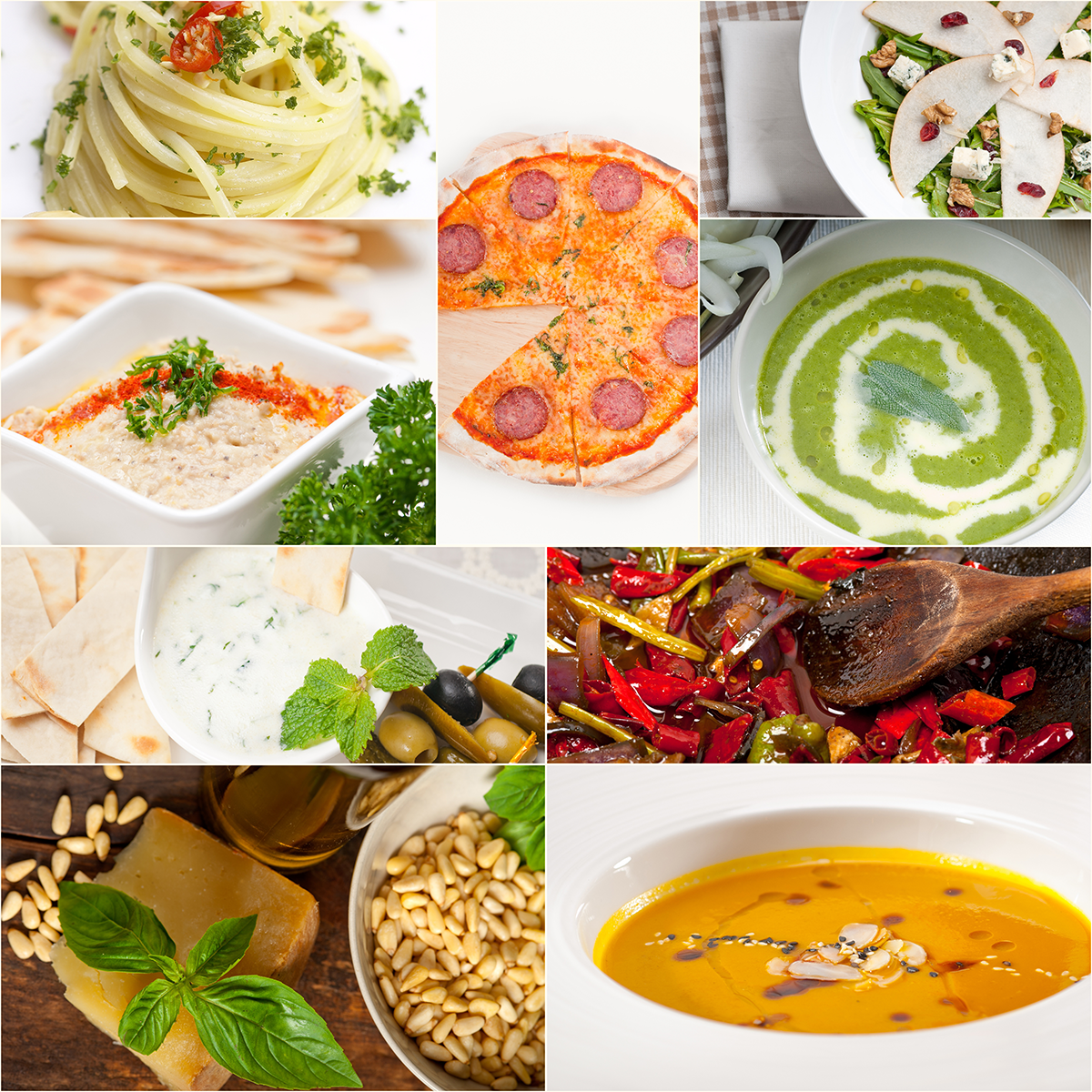 Collage of fresh dishes including pasta, pizza, soups, dips, and vegetables